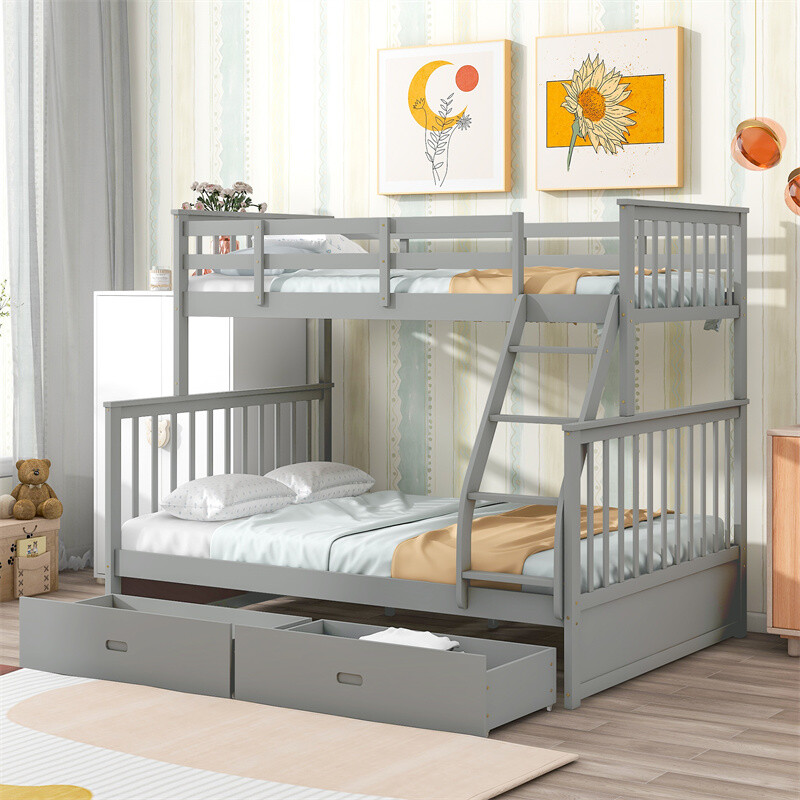 Twin Over Full Size Bunk Bed w/2 Storage Drawers Convertible Platform Bed,Gray gallery