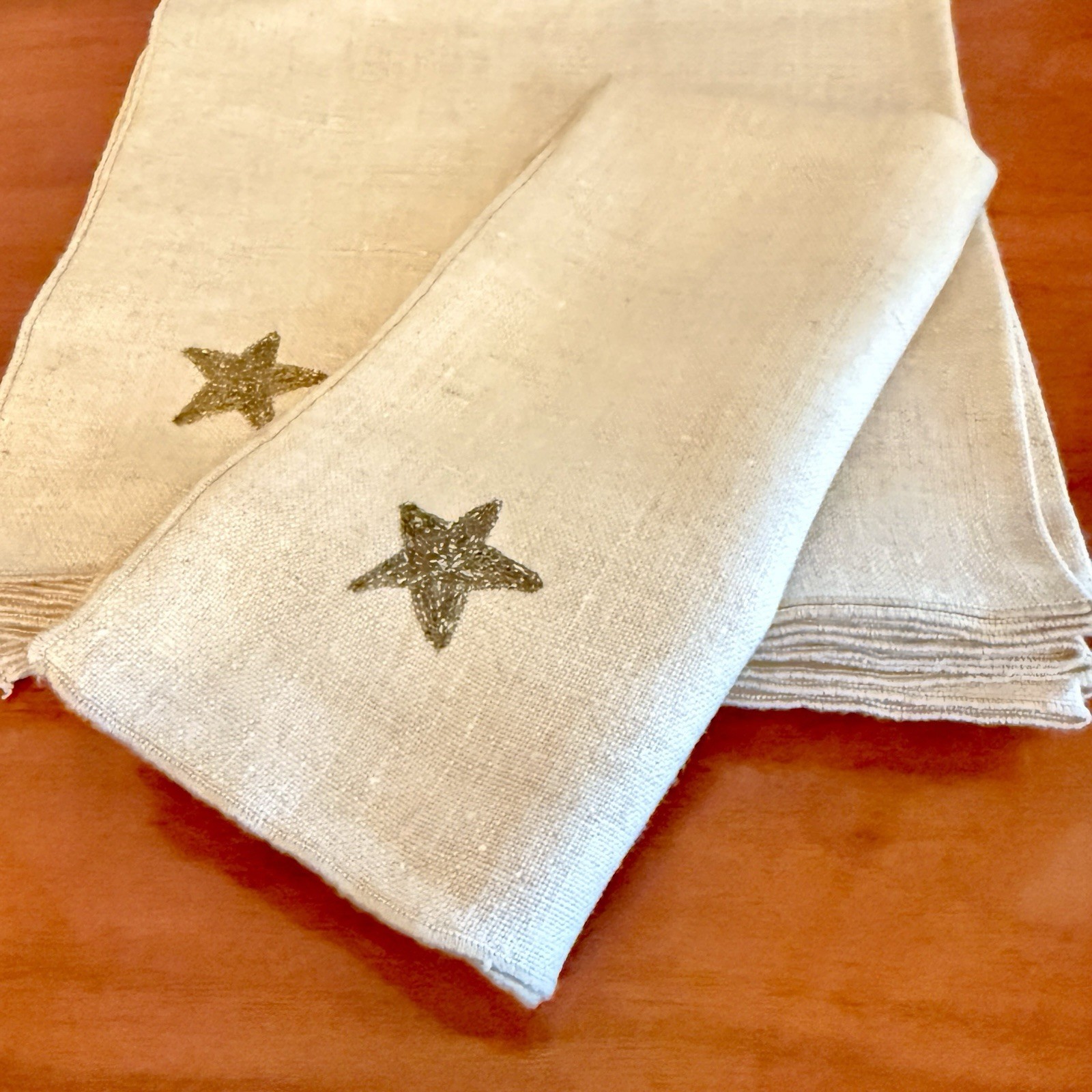 Vintage Gold Star Hand Embroidered Flax/Linen Dinner Napkins, Set Of 8, 16”x16” gallery