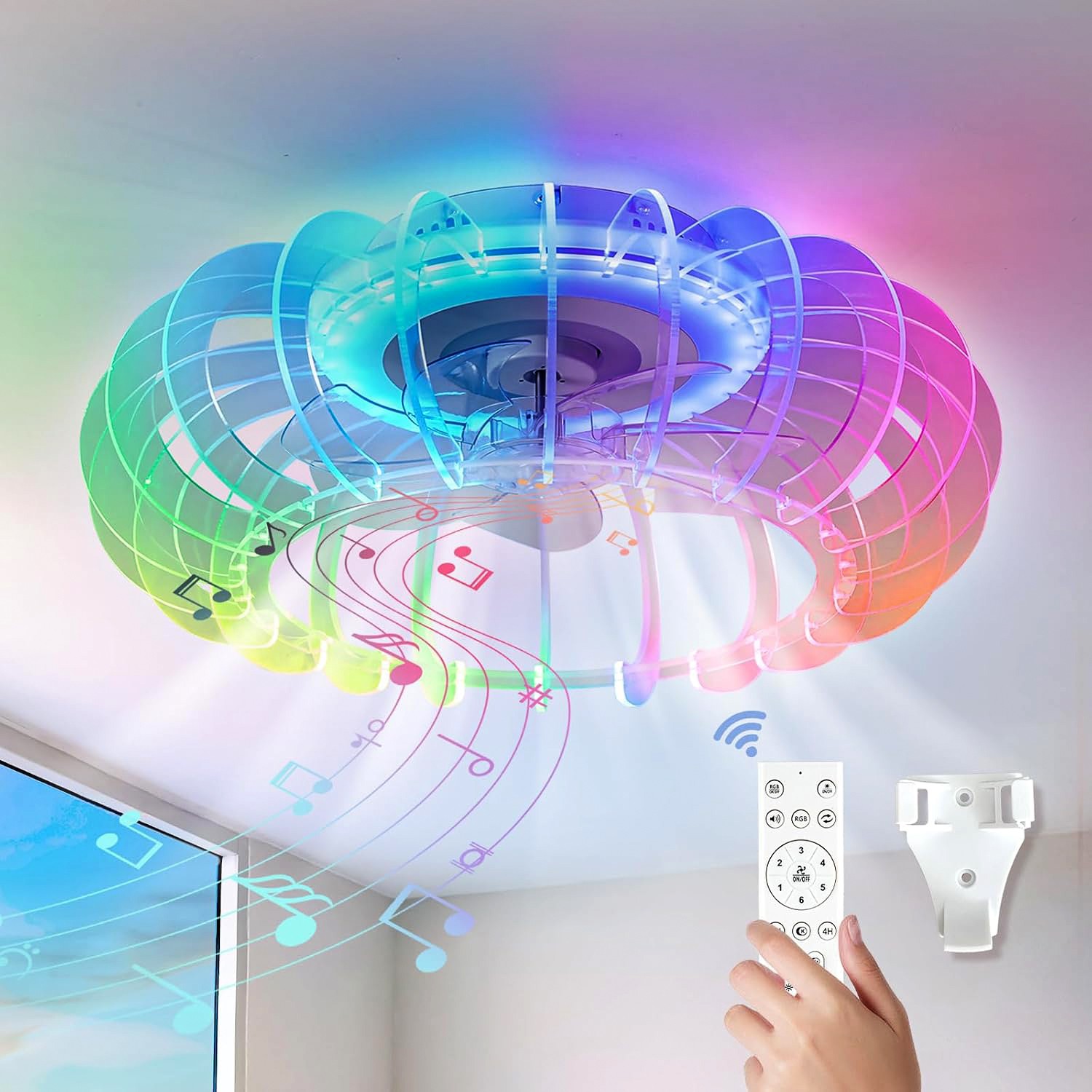 21" LED Ceiling Fan with RGB Light Bluetooth Speaker Flush Mount Remote Control gallery