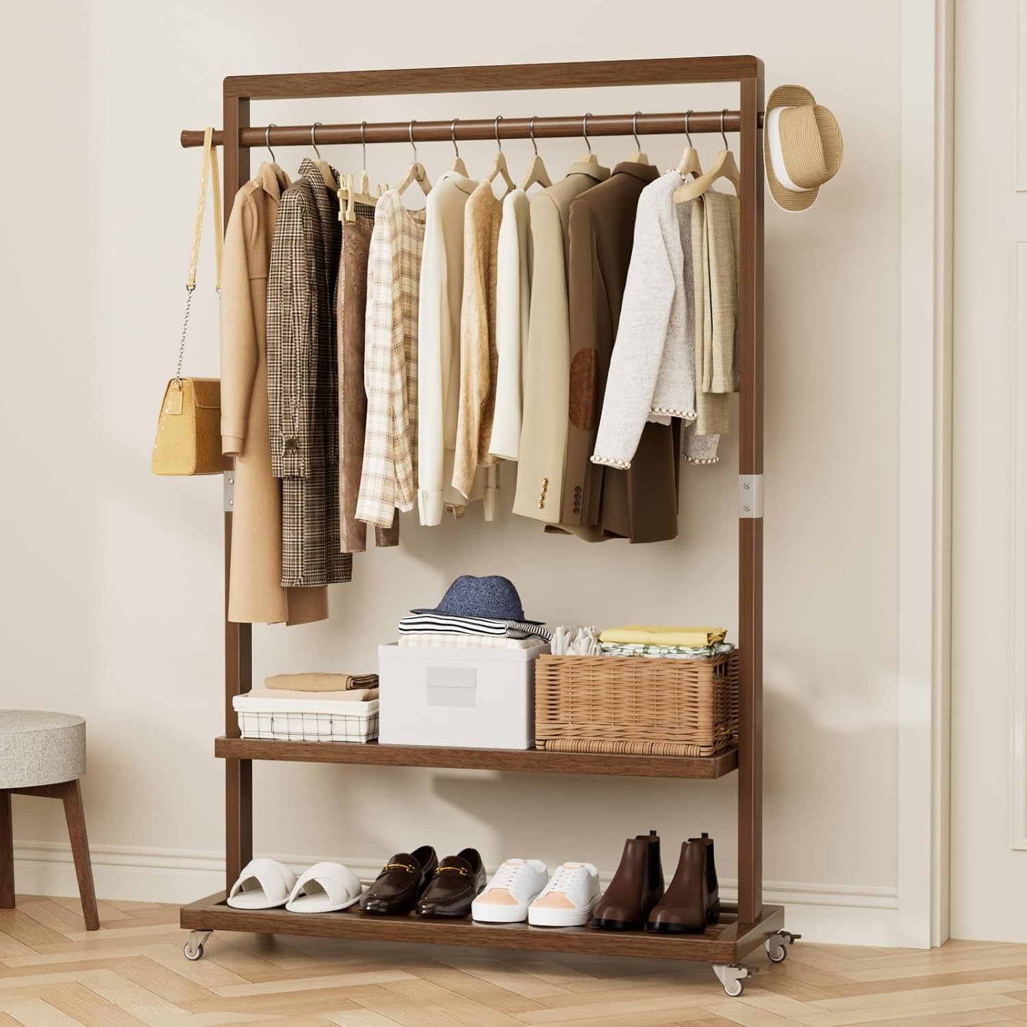 Clothes Rack 3 In 1 Freestanding Solid Wood With Shelves 220 LB gallery