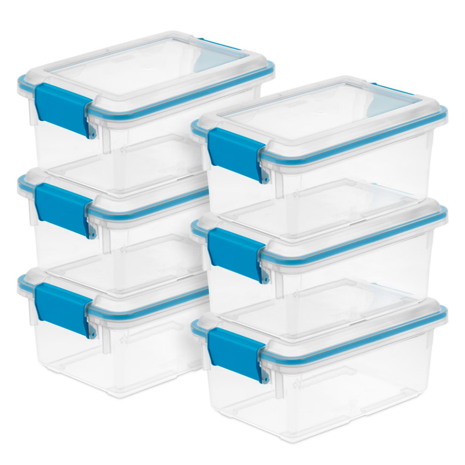 Sterilite 7.5 Quart Gasket Box, Stackable Storage Bin with Latching Lid, 6 Pack