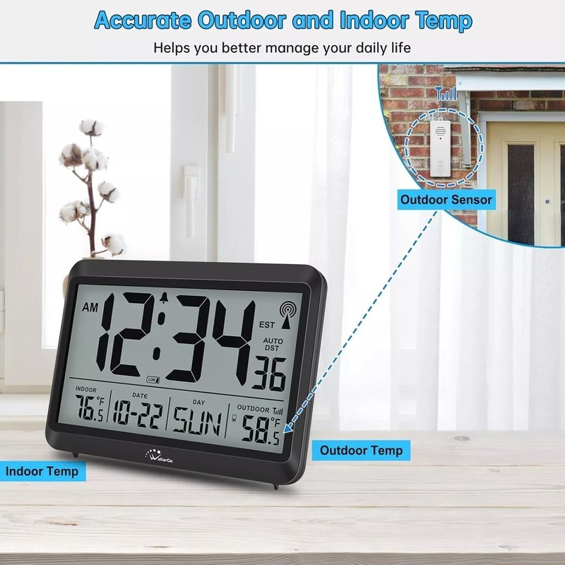 Atomic Clock With Indoor Outdoor Temperature, Self-setting Digital Wall gallery