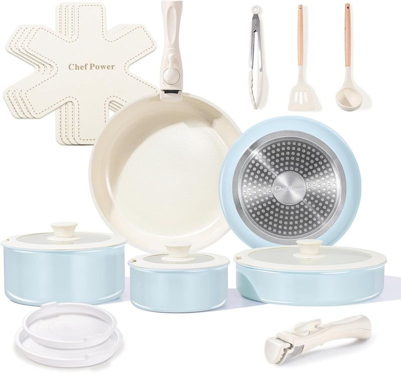 Light Blue Ceramic Nonstick Cookware Set 19pcs - Oven Safe gallery