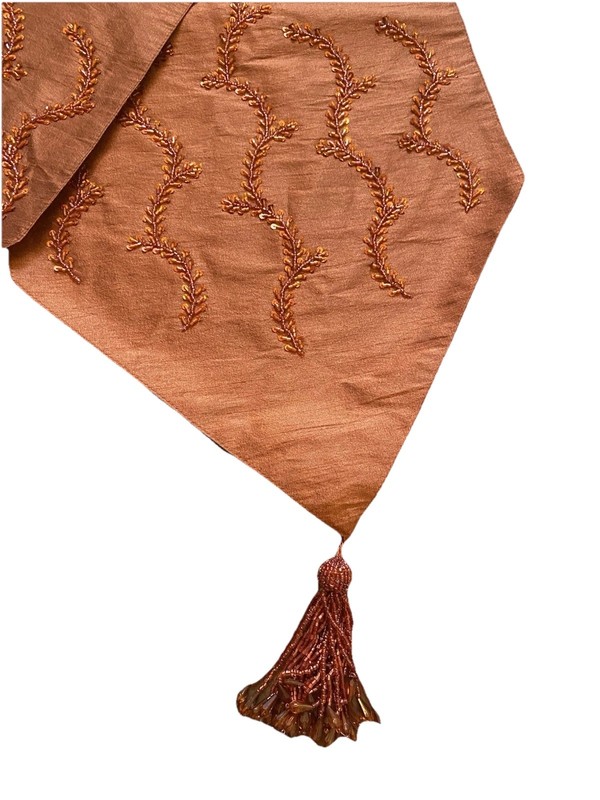 Hobby Lobby Table Runner 13”x 72" Rust/orange With Beaded Tassels And Sequins gallery
