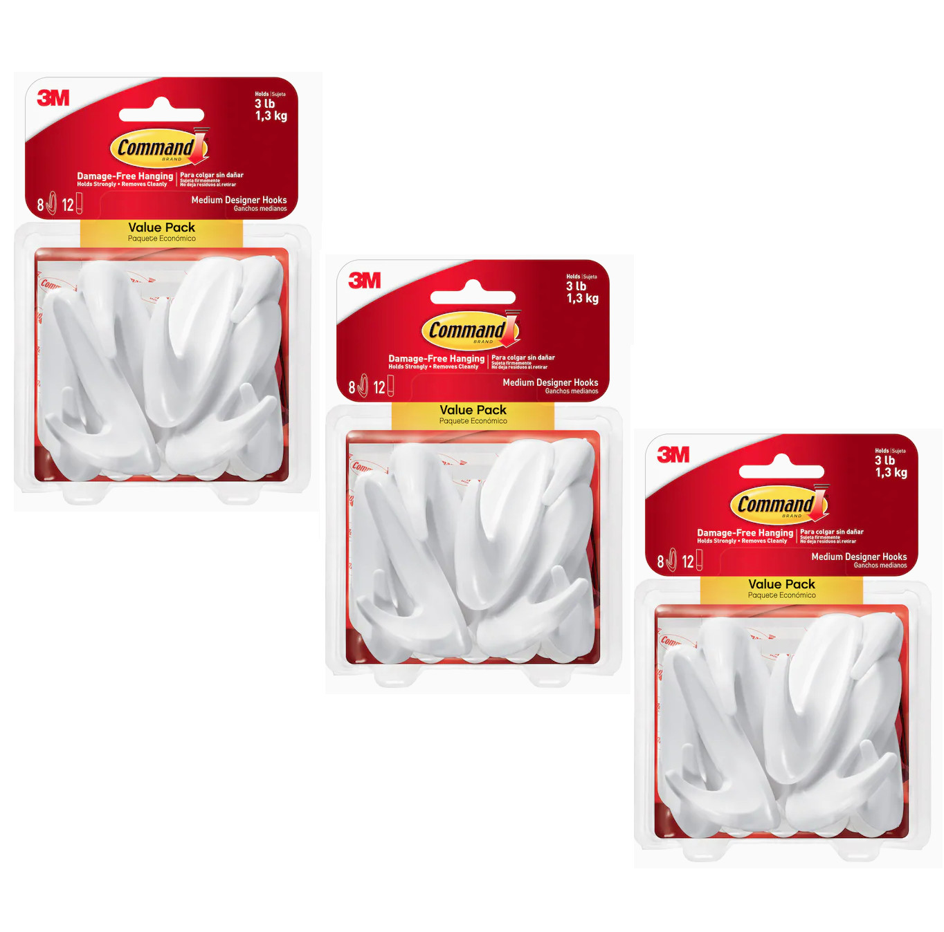 3 Pks 3M Command 8 Medium Designer Hooks & 12 Adhesive Strips Per Pack Max 3 lb gallery