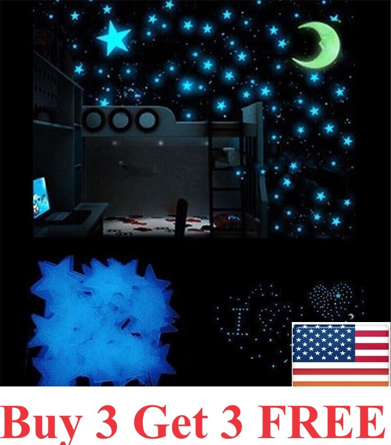 100 pcs Pack Glow In The Dark 3D Stars Moon Stickers Bedroom Wall Room Decor DIY gallery