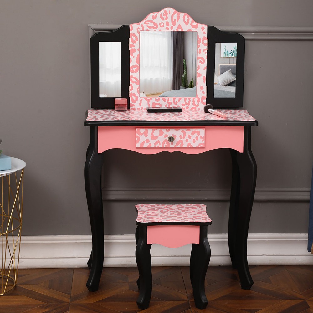 Three-Fold Mirror Single Drawer Arc Feet Children Dresser Red Leopard Print gallery
