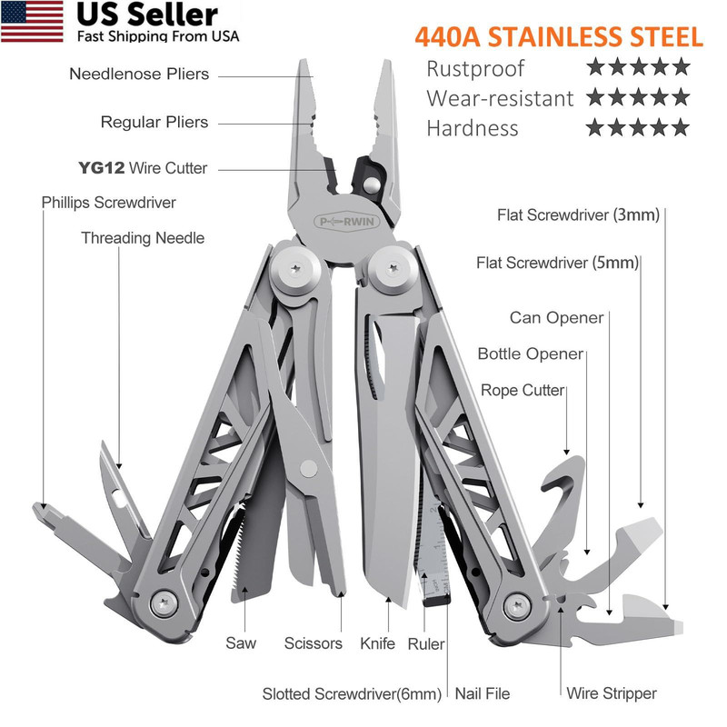 PERWIN Multitool, 17-in-1 Stainless Steel Multi Tool Pliers 17 in 1, Silver gallery