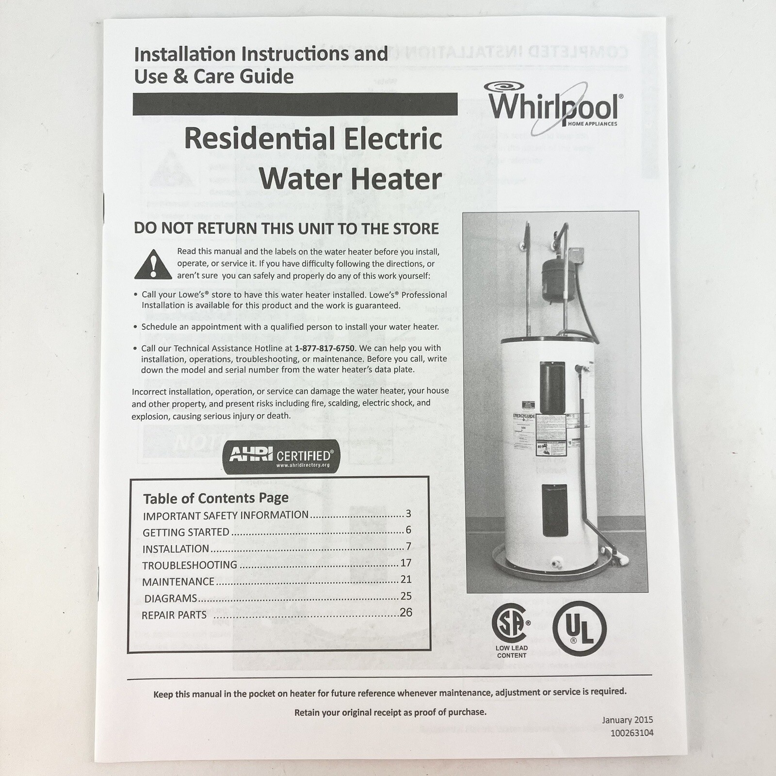 Whirlpool Electric Water Heater Installation Instructions Use Care Guide Manual gallery