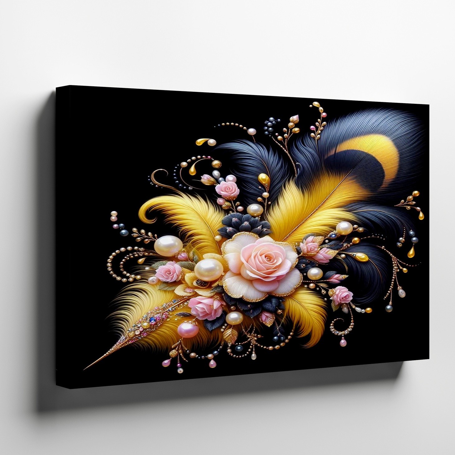 Yellow and Black Feather with Pink Roses Pearl Accents Gallery Canvas Decor gallery