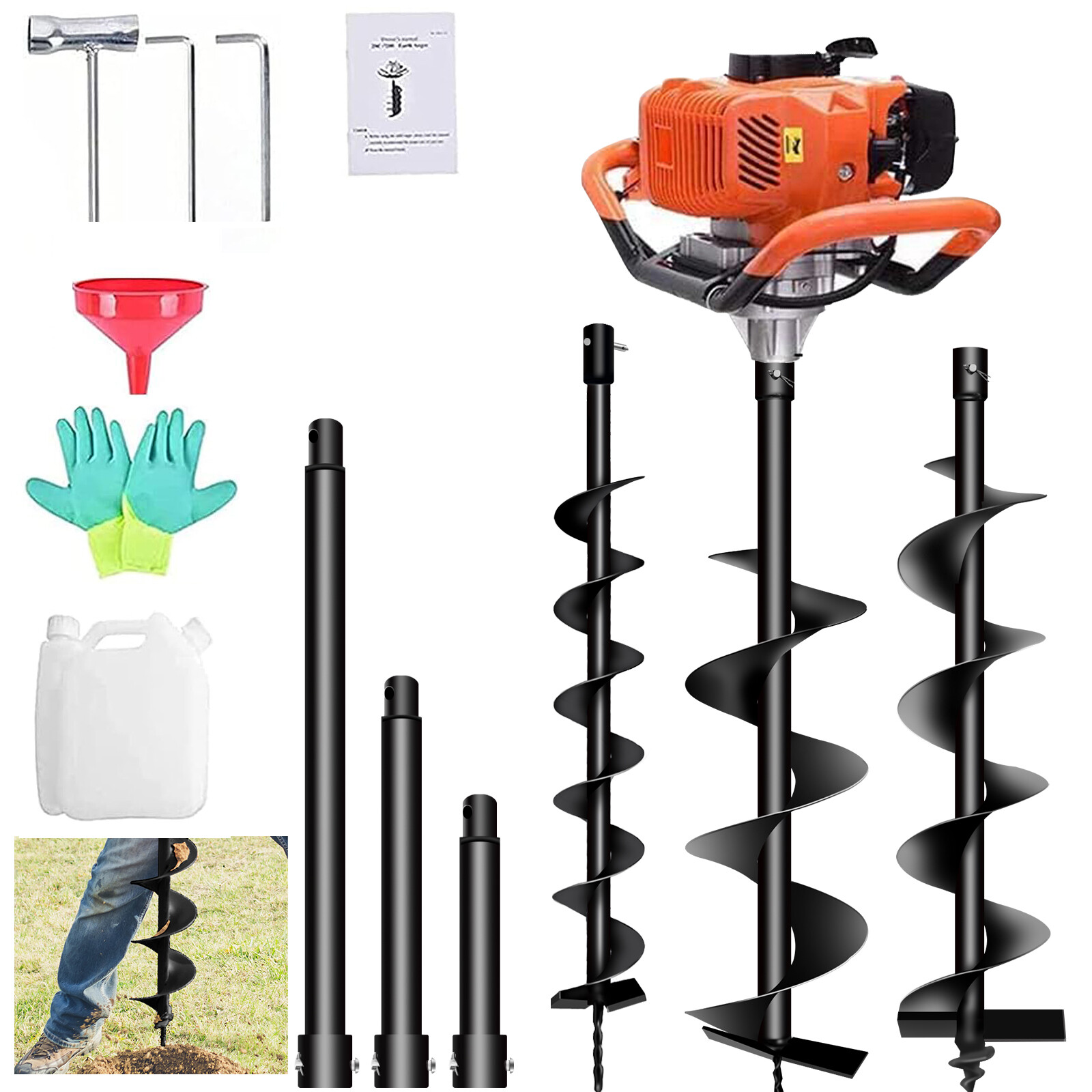 72CC Gas Powered Post Hole Digger w/ 3 Auger Bits (4", 6", 8") & 3 Rods gallery