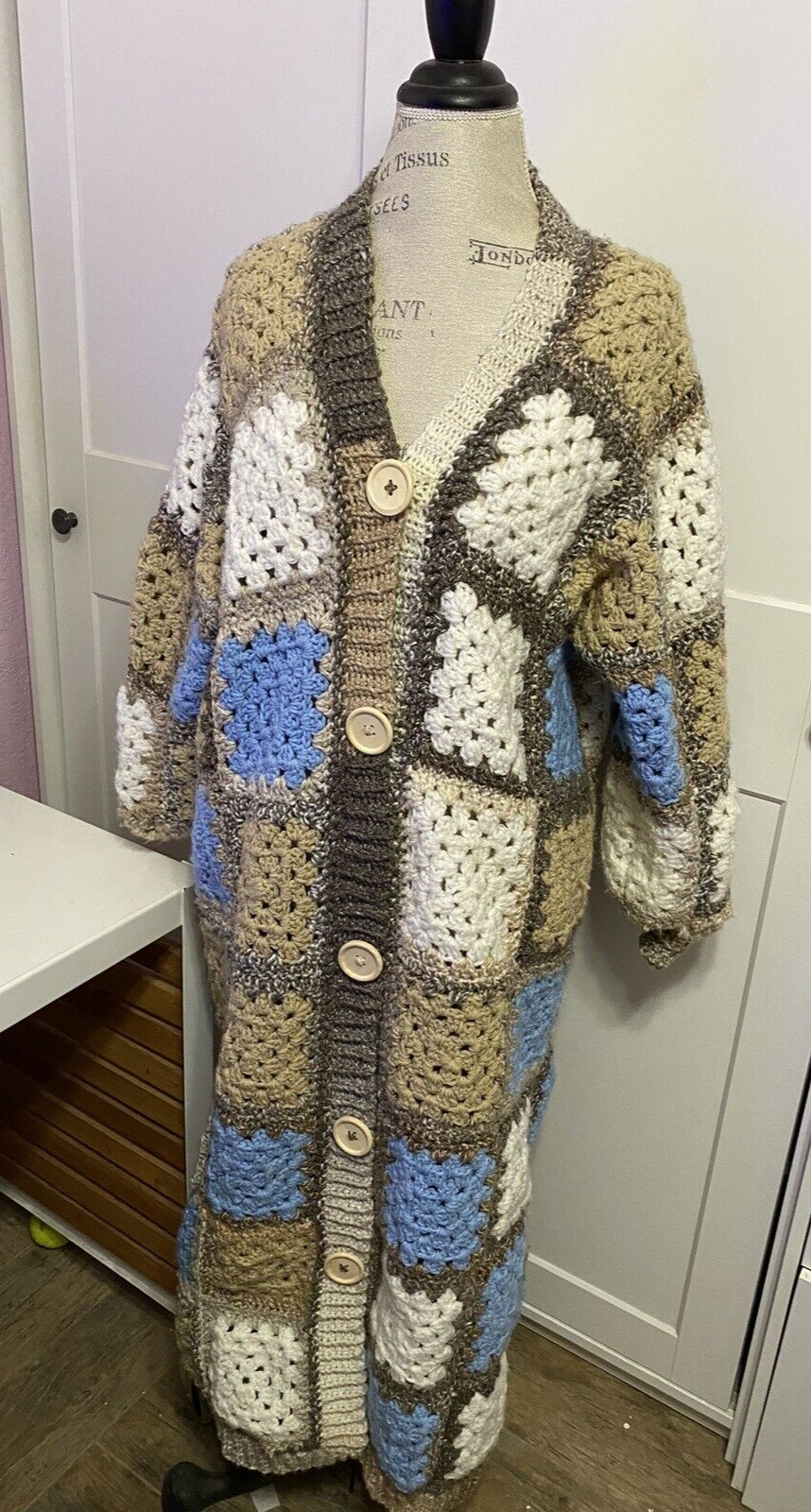 Granny Square Crochet Afghan Full Length Jacket Coat With Buttons Large X Large gallery
