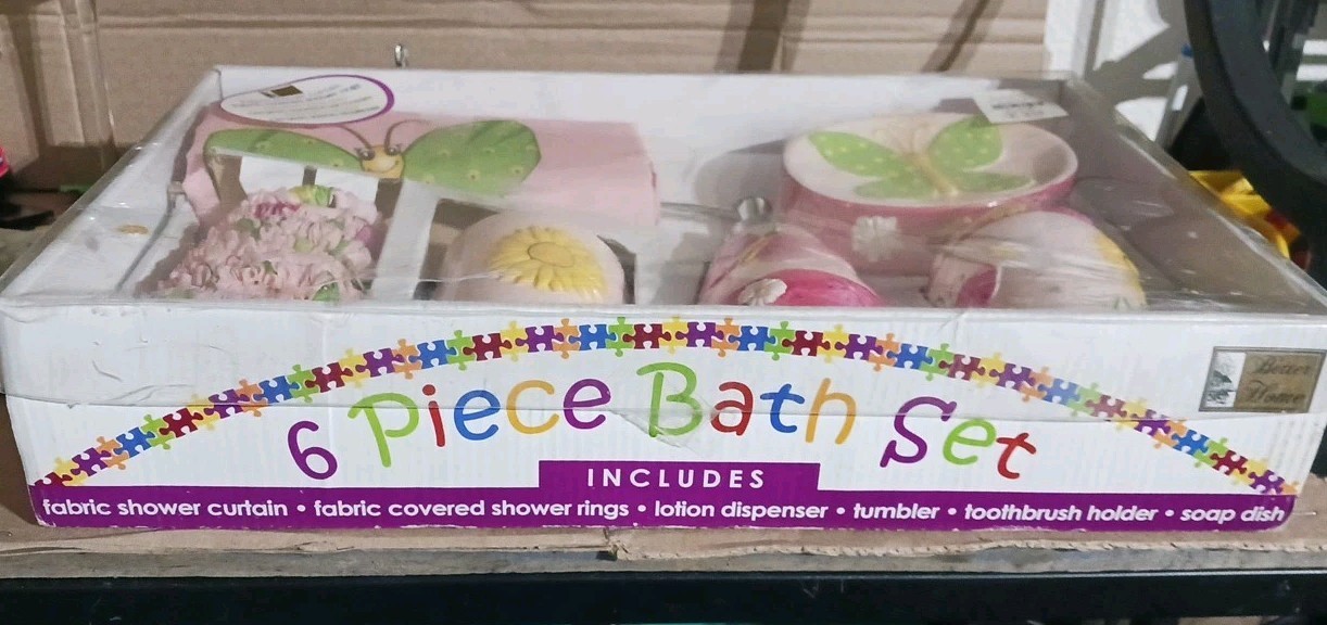 Six Piece Bath Set New Pink & Green Butterflies. Better Home gallery