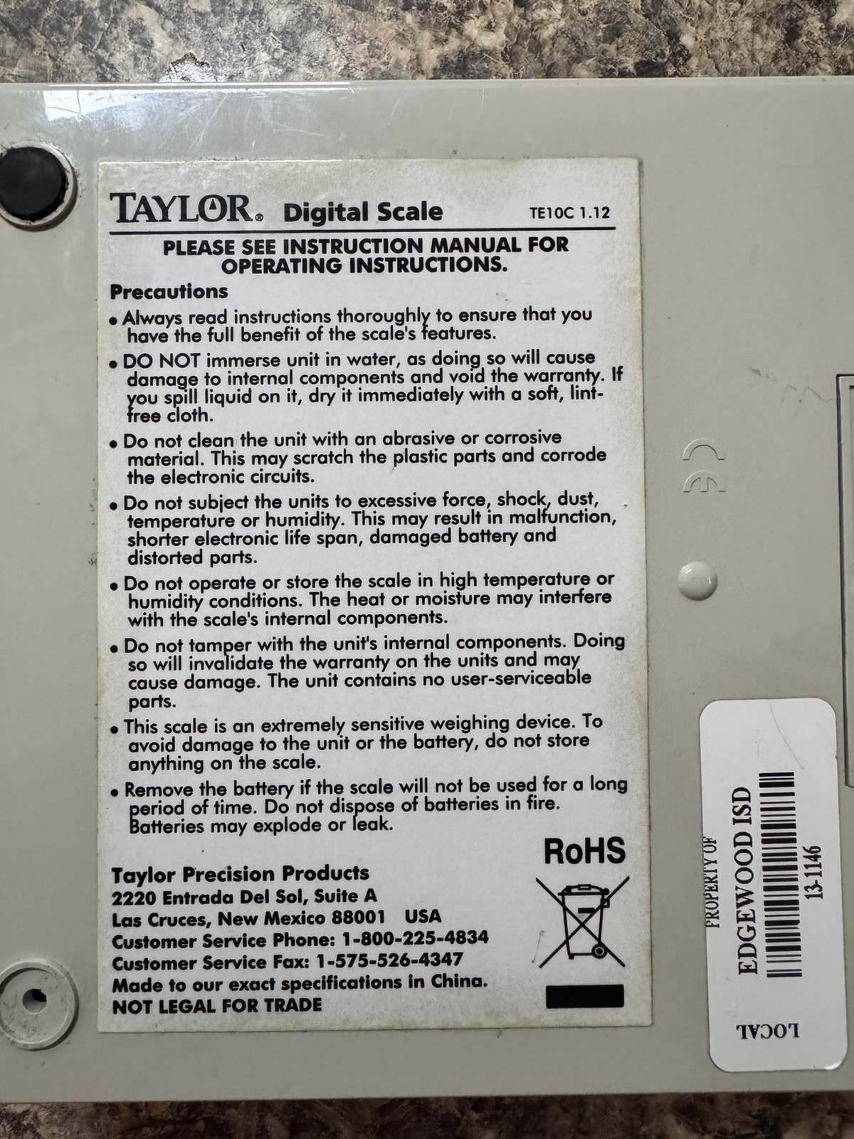 Taylor Scale TE10C Capacity 10lbs Pounds 5kg Digital Tested Works gallery
