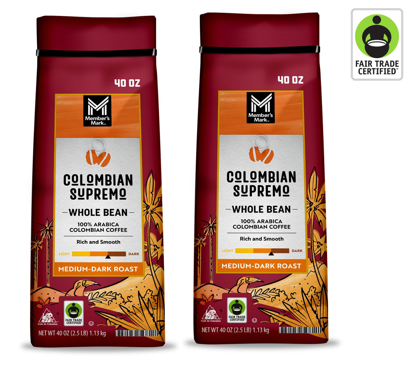 2 PACK Member's Mark Colombian Supremo Whole Bean Coffee (40 oz.) FREE SHIPPING. gallery