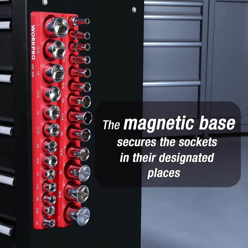 WORKPRO 3/8-Inch SAE Magnetic Socket Organizer Holds 26PCS Standard Deep Sockets gallery