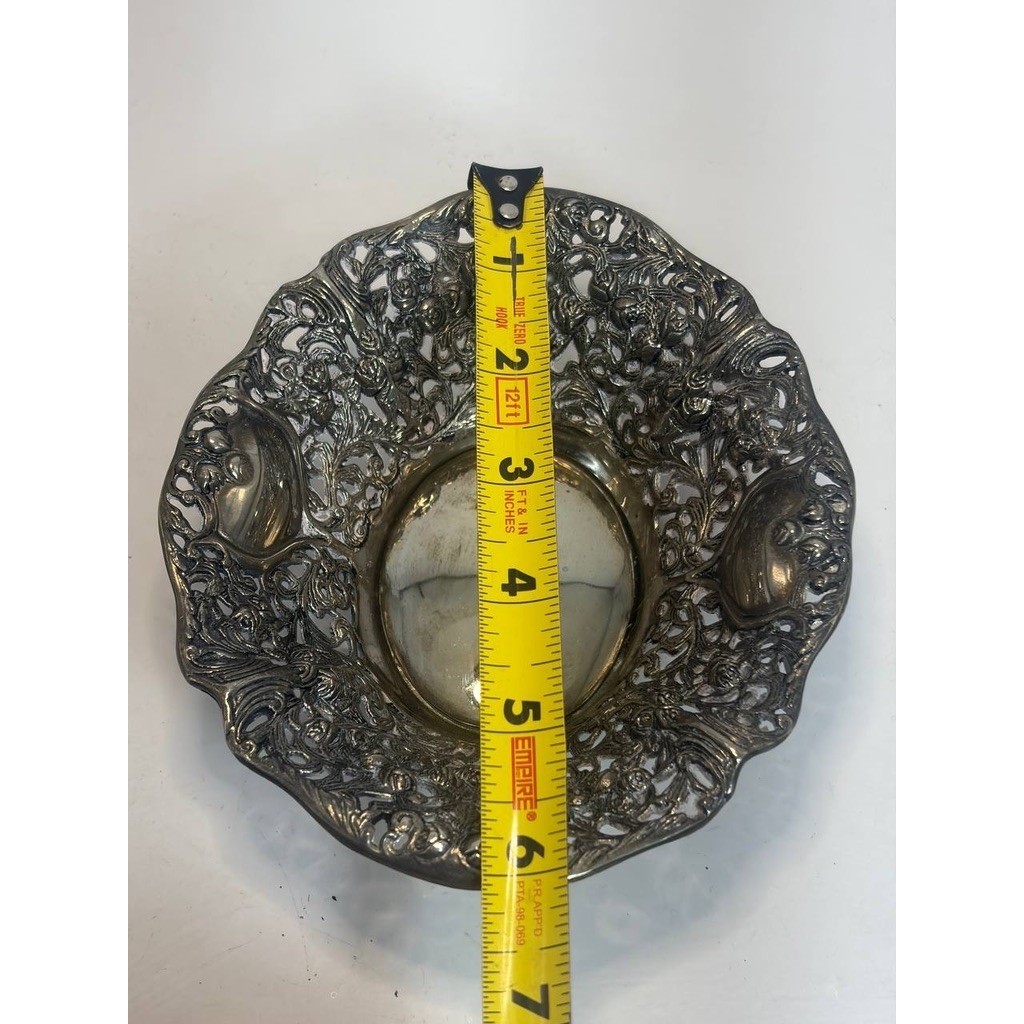Vintage Silver Tone Repousse Floral Reticulated Decorative Bowl Candy Dish 6" gallery