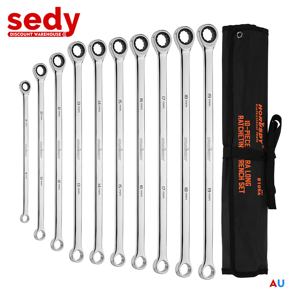 10PC Ratcheting Wrench Set Extra Long Anti-Slip Double Box End 8-19MM With Pouch gallery