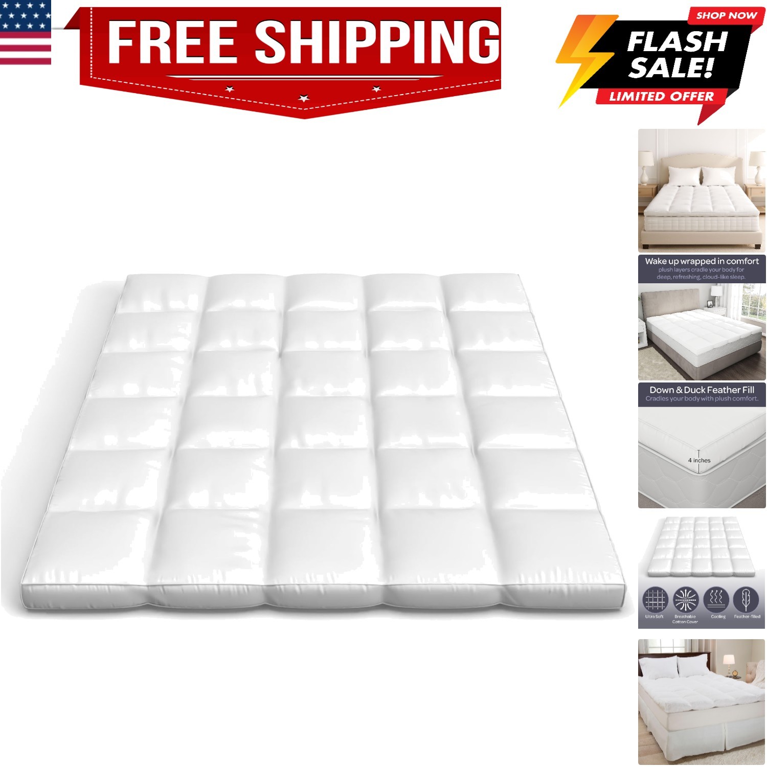 Down Mattress Topper - Twin 4-Inch Duck and Goose Feather Bed with Cotton Mat... gallery