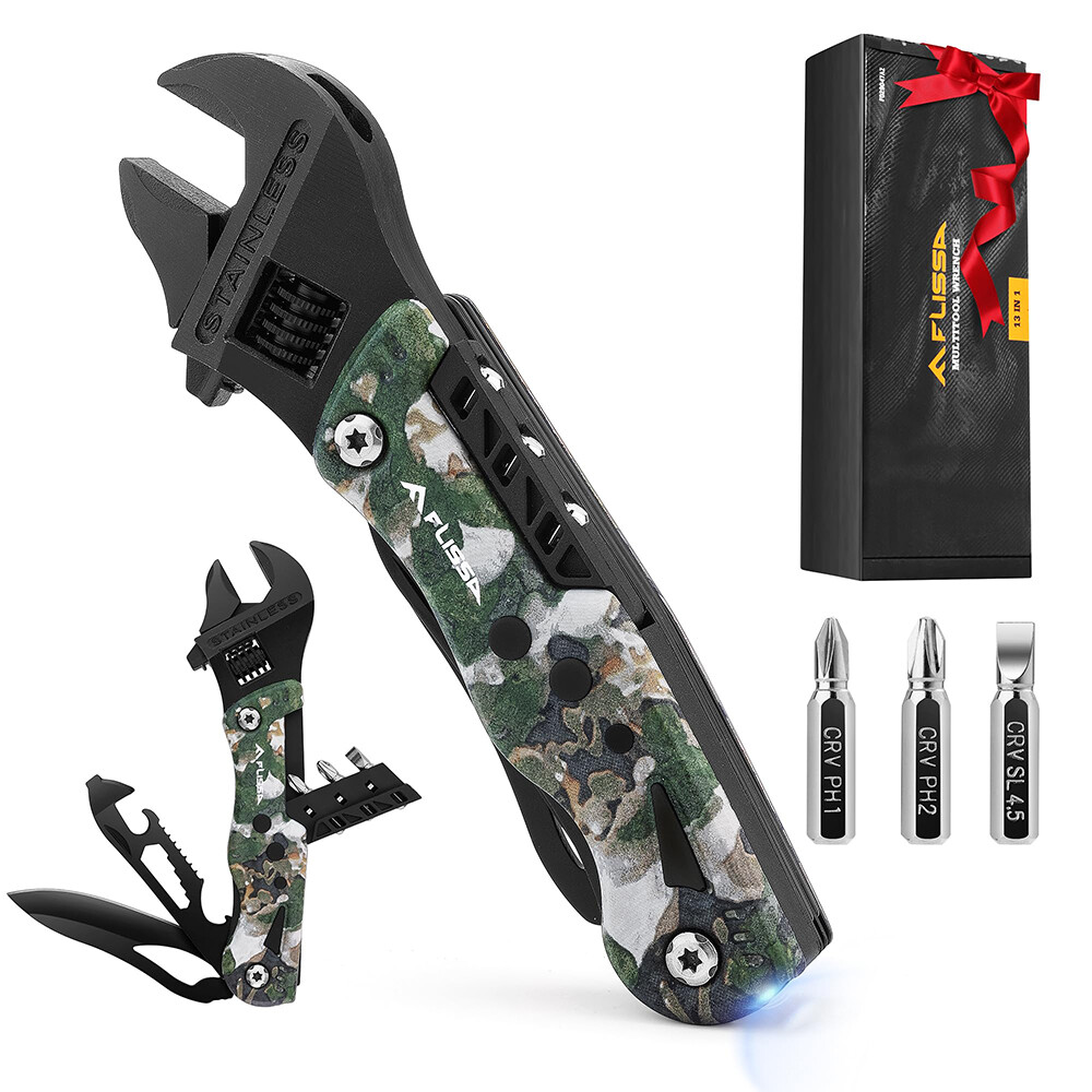FLISSA 13-in-1 Multi Tool Wrench Multitool Adjustable Wrench EDC Knife w/Sheath gallery