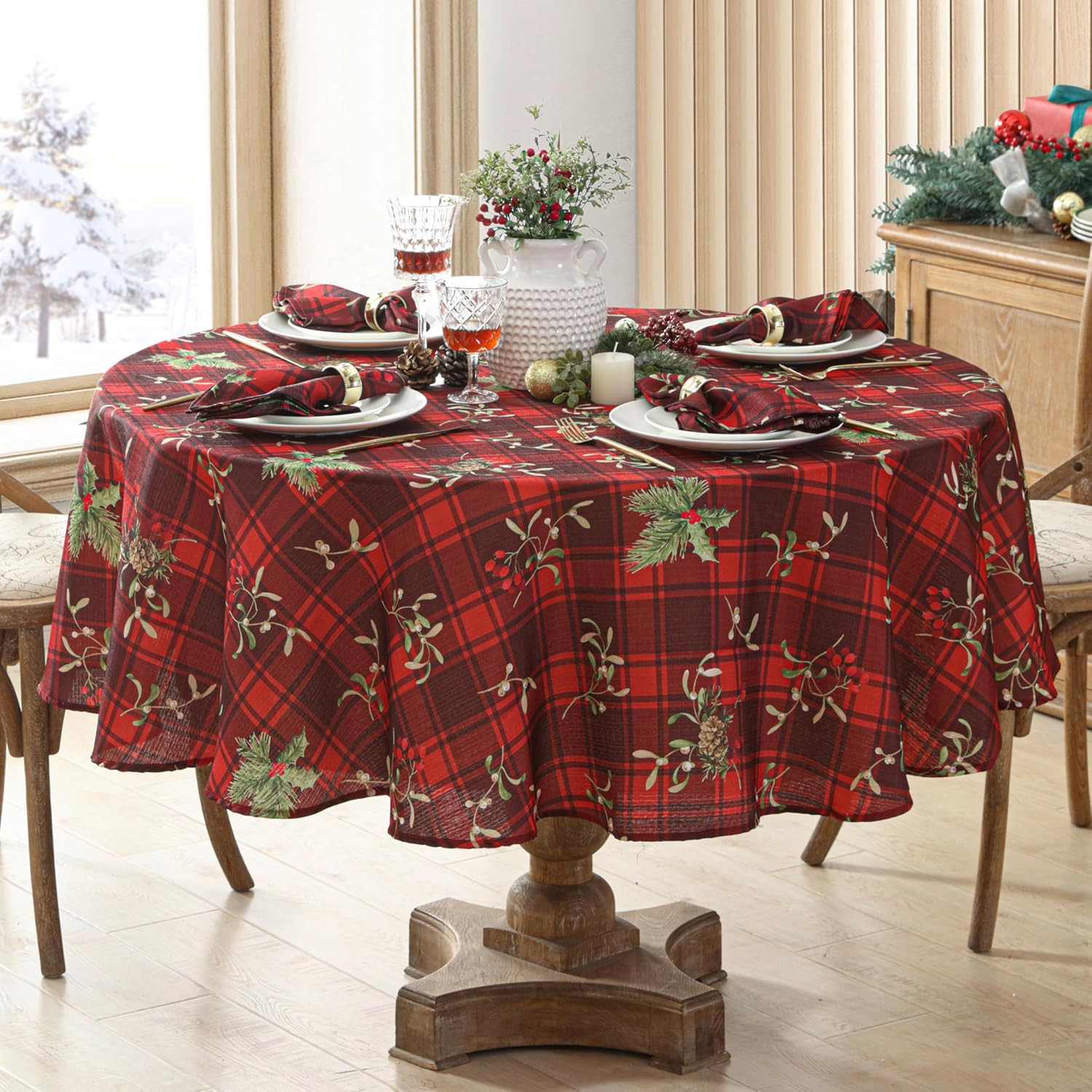Christmas Red Spruce Plaid 70 Inch round Fabric Tablecloth – Holly, Pinecones & gallery