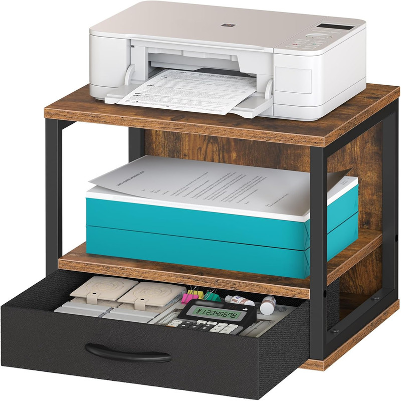 2-Tier Desktop Printer Stand with Drawer, Under-Desk Printer Table with Storage gallery