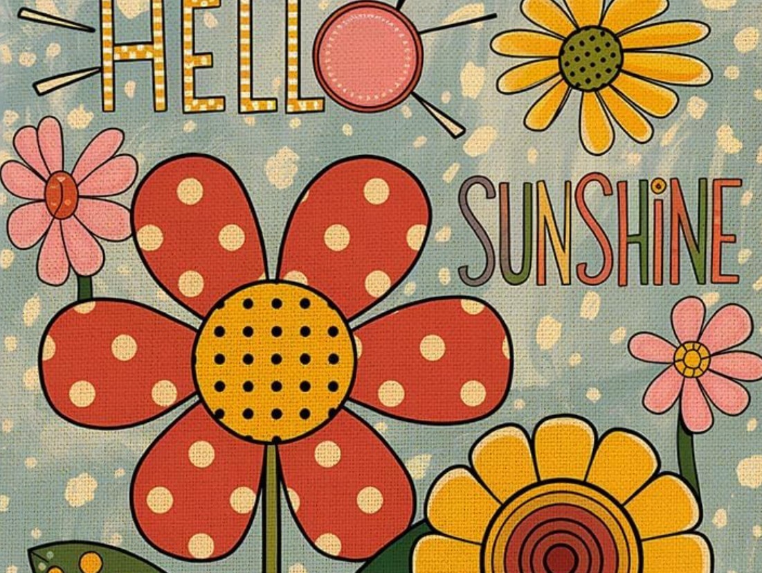 Whimsy Floral Polka Dot Hello Sunshine Burlap Garden Flag Double Sided 12"x 18" gallery