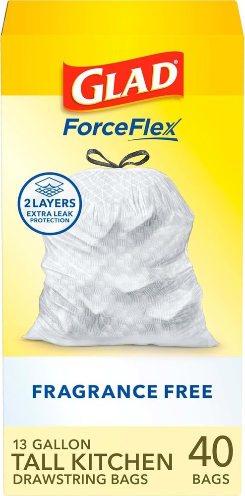 Glad ForceFlex Tall Kitchen Drawstring Trash Bags, 13 Gal, Fragrance Free, 40