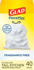 Glad ForceFlex Tall Kitchen Drawstring Trash Bags, 13 Gal, Fragrance Free, 40