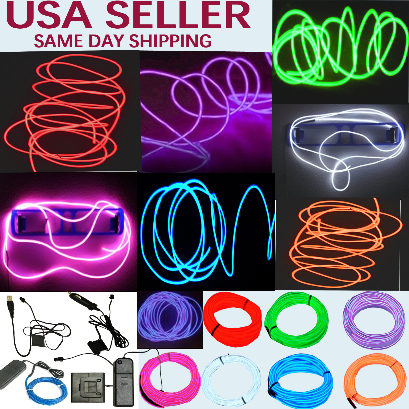 Neon LED Light Glow EL Wire String Strip Rope Tube Decor Car Party + Controller gallery
