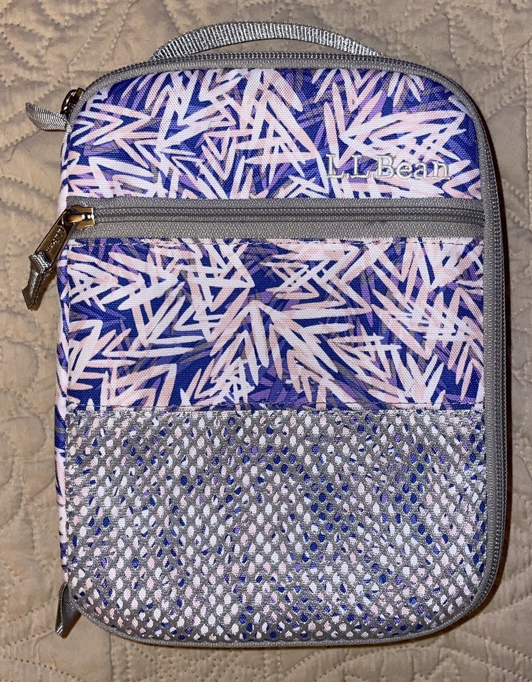LL Bean Lunch Tote Purple Gray White Pink Insulated Zippered Food Bag 7X10“ gallery