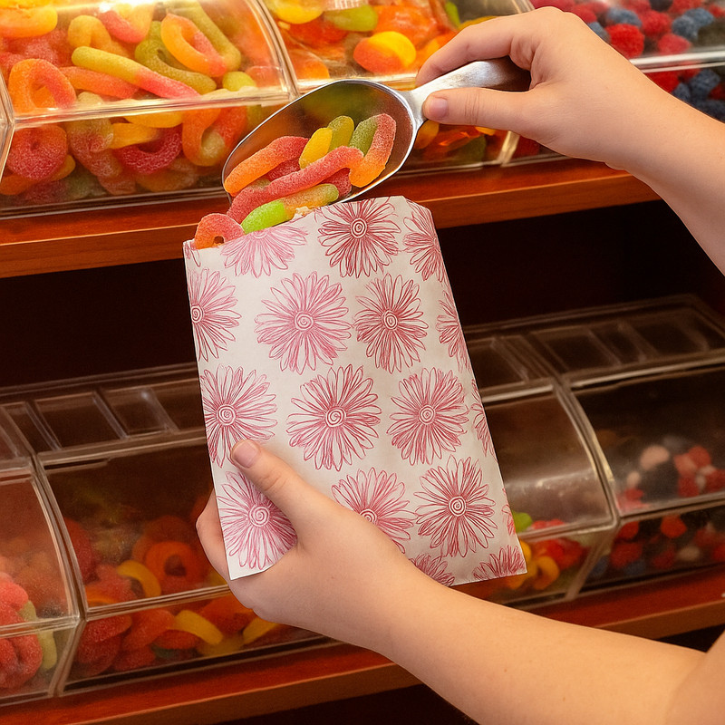 Pink Flower Pattern on White Decorative Bags for Cookies, Candy and Gifts gallery