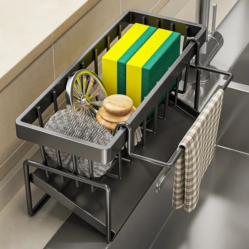 Black Aluminum Kitchen Sink Sponge Organizer Rack with Towel Holder Rust Free gallery