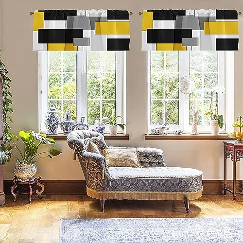 Valances for Windows 2 Pack Yellow and Black Geometry Abstract Modern Art Bla... gallery