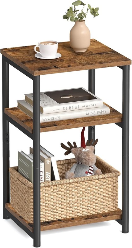 Rustic Brown & Black Industrial Side Table with 3 Storage Tiers - Compact Design gallery