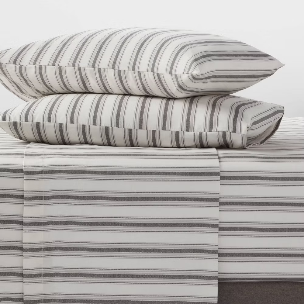 Full Cotton Blend Sateen Sheet Set Gray Textured Stripe - Room Essentials gallery