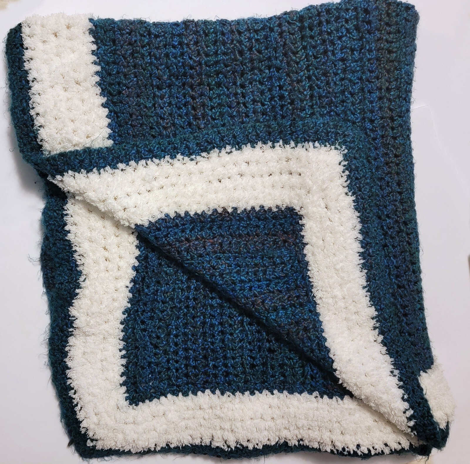Handmade Blues & White Loose Crochet Blanket Throw Afghan 66"x62" Warm & Cozy gallery