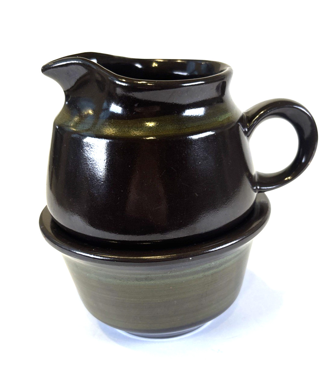 Handmade Studio Vase Pottery Creamer & Sugar Set Stacking Moss Green Espresso gallery
