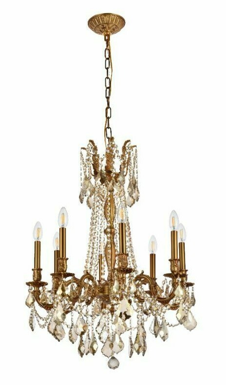 FRENCH GOLD CEILING LIGHTING GOLDEN TEAK CRYSTAL CHANDELIER FIXTURES 8 LIGHT 30" gallery