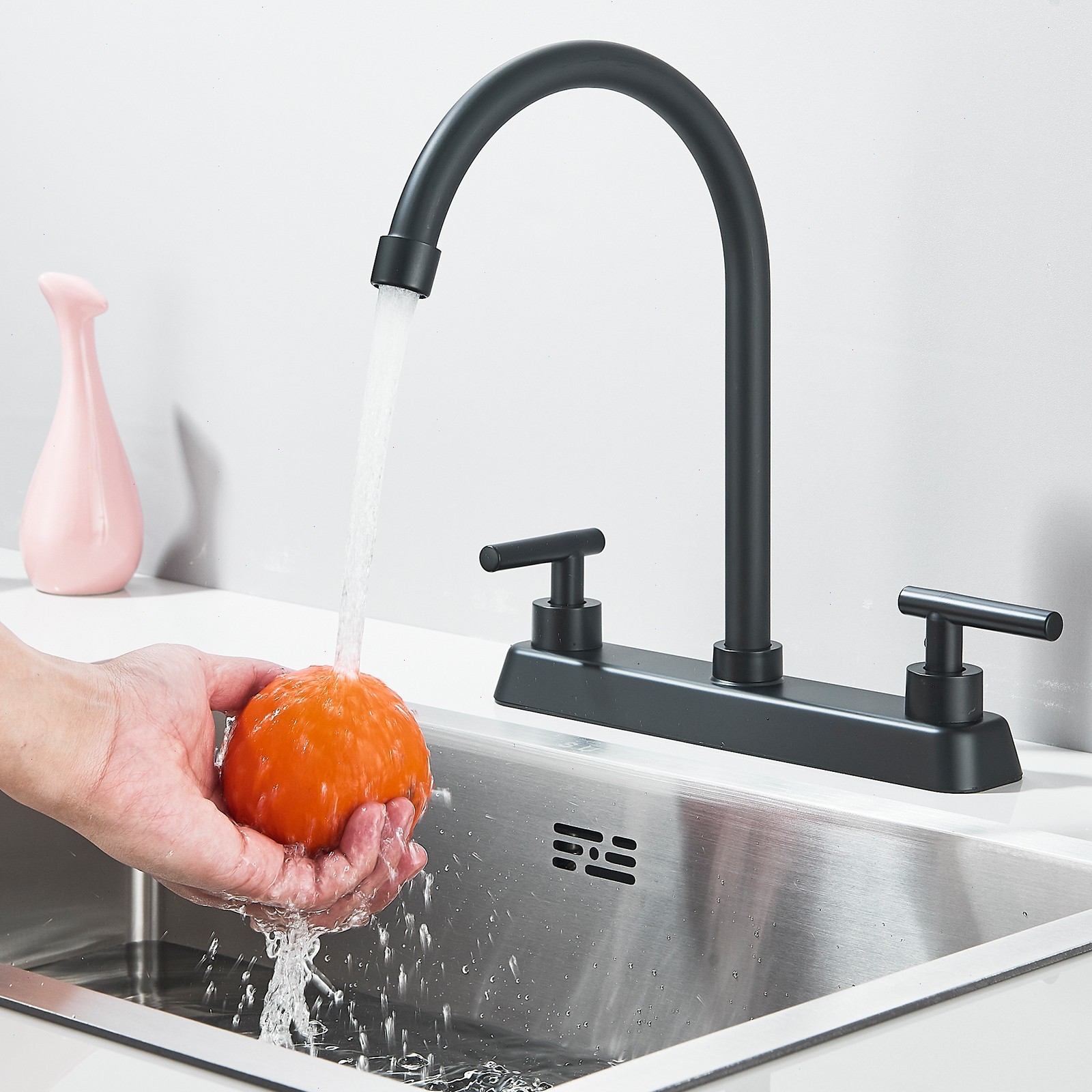 Black High Arc Kitchen Faucet 8 inch Centerset 3 Hole 2 Handle Sink Mixer Taps gallery