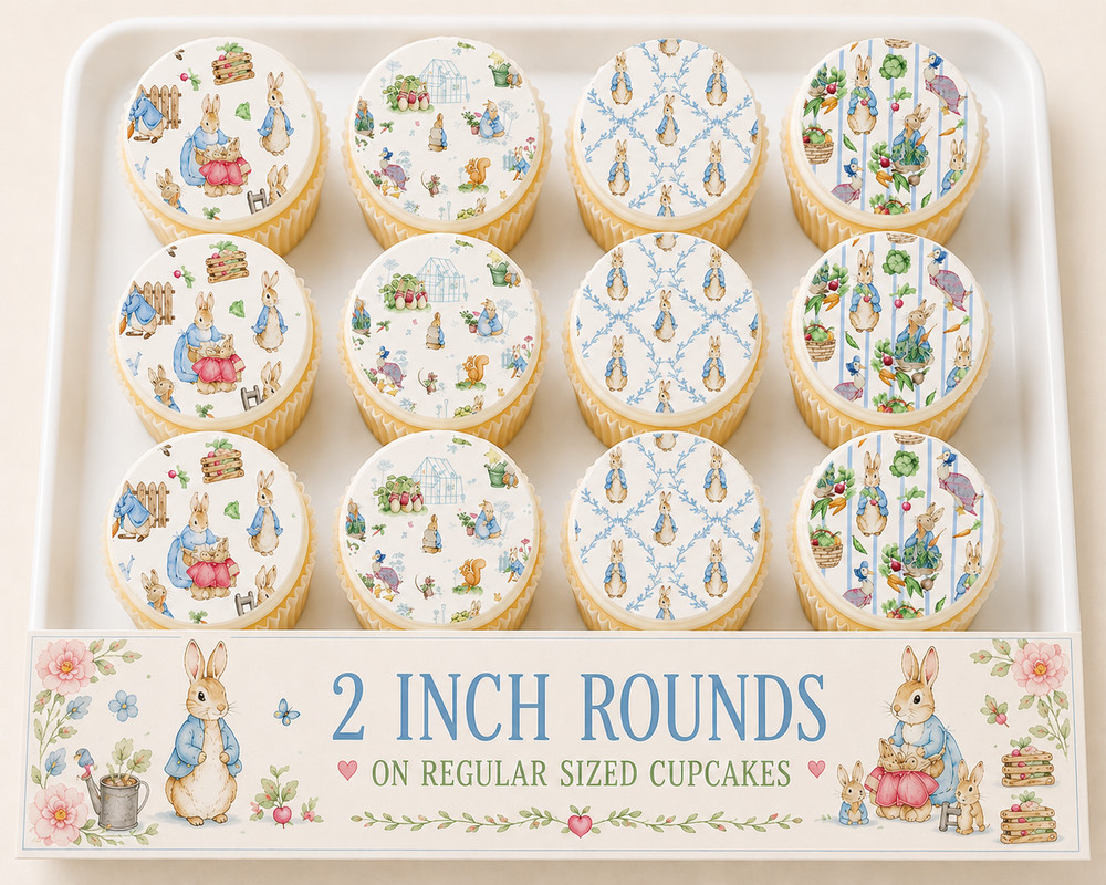 12 pc. Peter Rabbit, edible image rounds, choose sz. PRE CUT