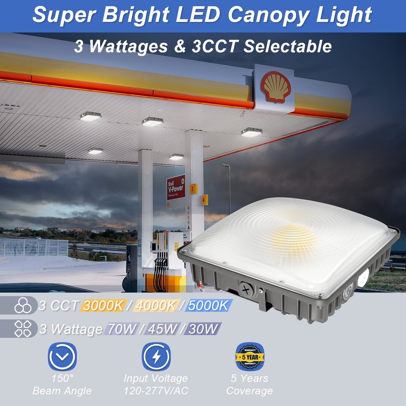 LED Canopy Light 70W/45W/30W Selectable 3CCT 0-10V Dim Gas Station Light ETL&DLC gallery