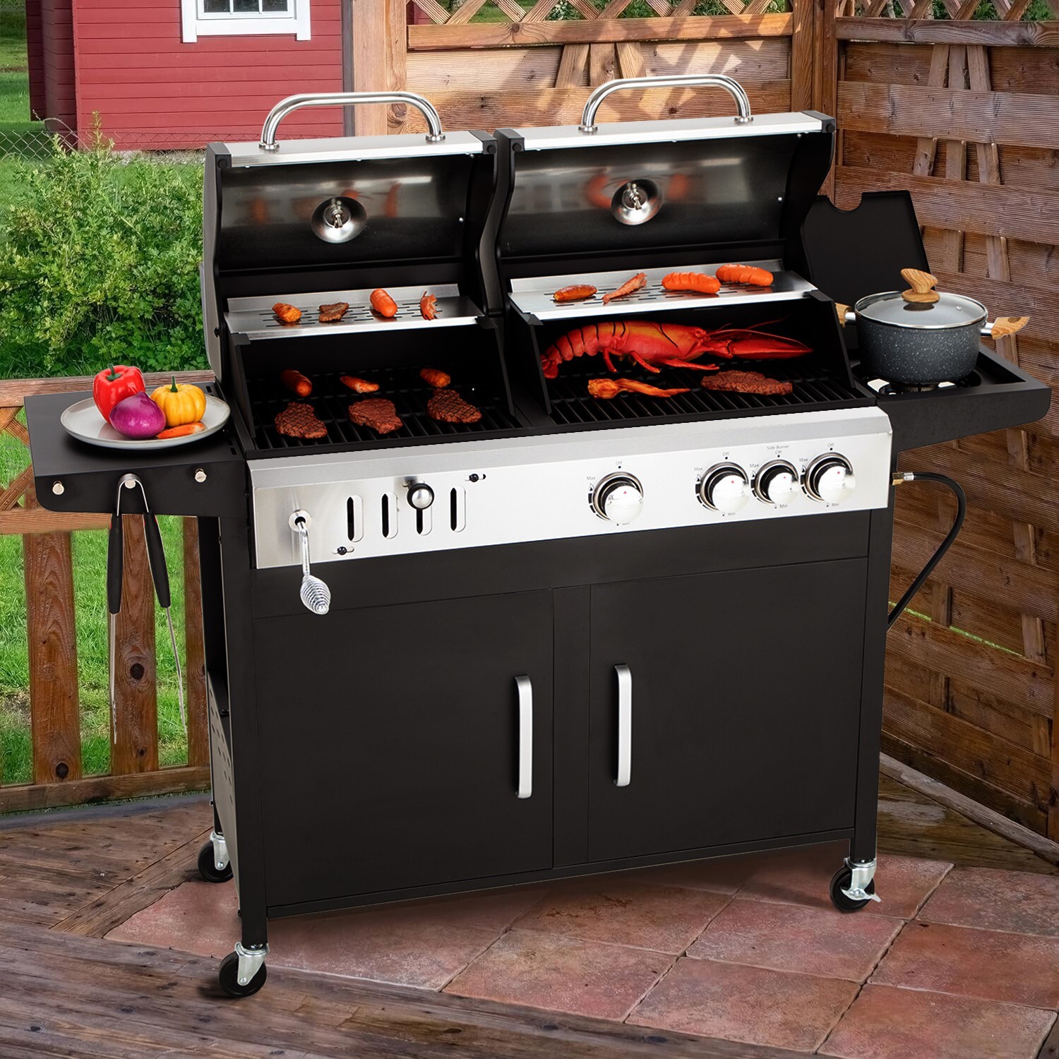 Dual Fuel BBQ Grill Propane Gas & Charcoal Grill with Side Burner Outdoor Black gallery