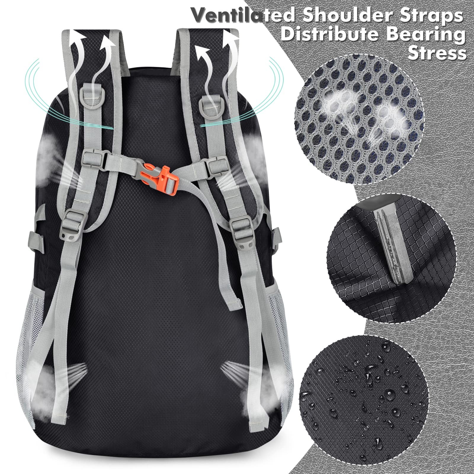 30L Black Lightweight Packable Backpack, Foldable, Water Resistant, Travel 5