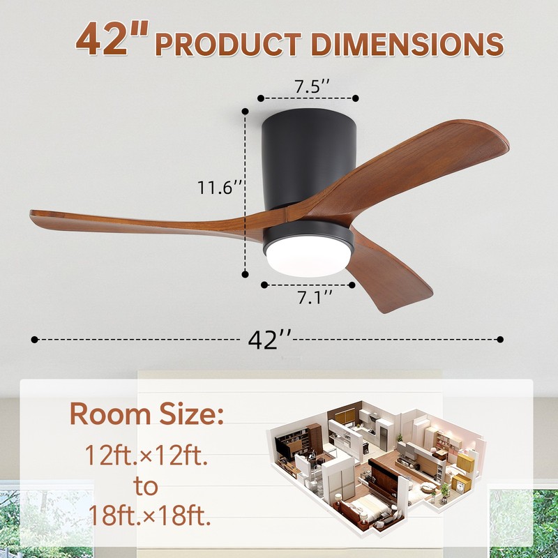 Sofucor 42in Flush Mount Celing Fan with Dimmable Light and Remote,Black+Walnut. gallery