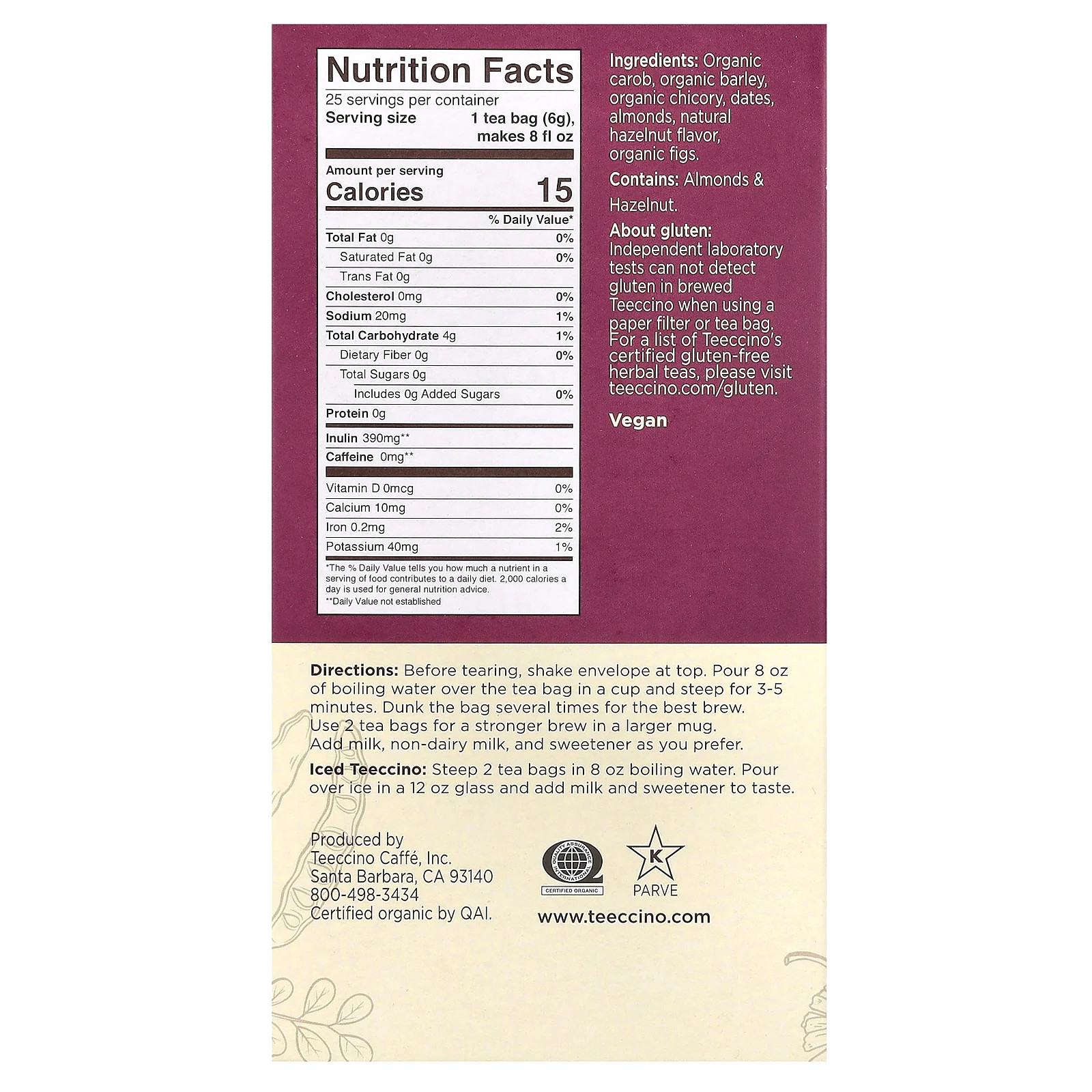 Roasted Herbal Tea, Hazelnut, Caffeine Free, 25 Tea Bags, 5.3 oz (150 g) gallery