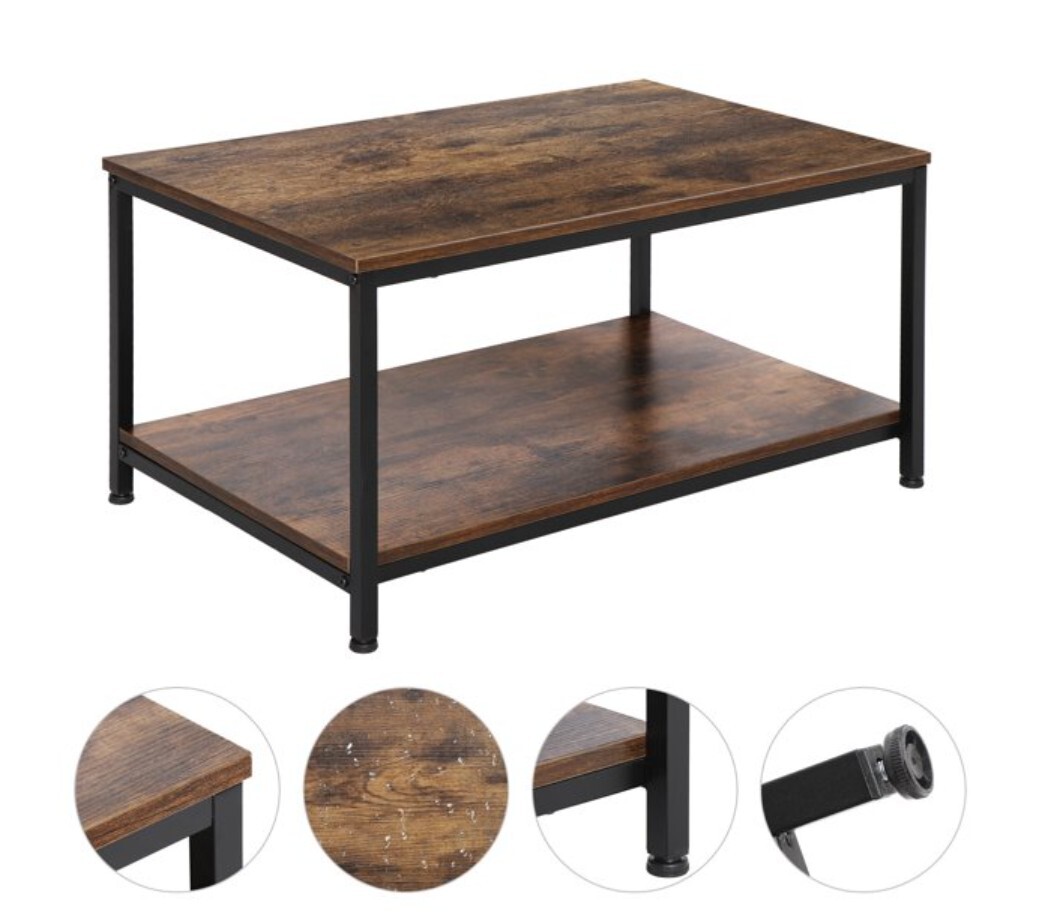 Rectangular Dark Brown Wooden Coffee Table with Black Metal Frame ZENY Brand gallery