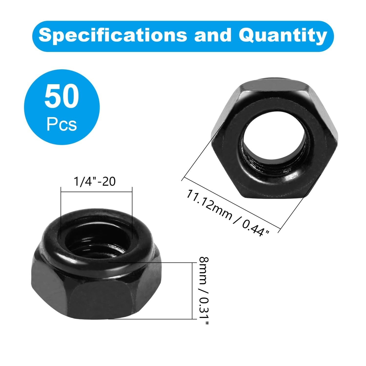 Yinpecly 50Pcs 1/4"-20 Nylon Insert Hex Lock Nuts 304 1/4"-20; 50pcs, Black gallery