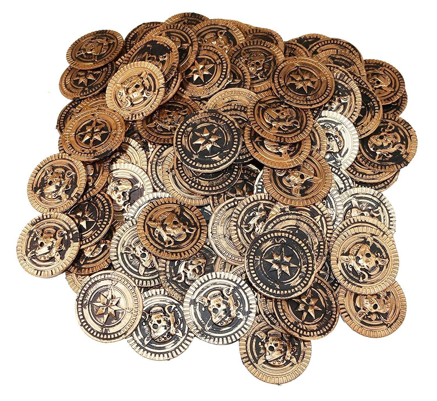 144 PLASTIC RUSTIC VINTAGE BRASS GOLD COINS PIRATE TREASURE CHEST MONEY FAVORS gallery
