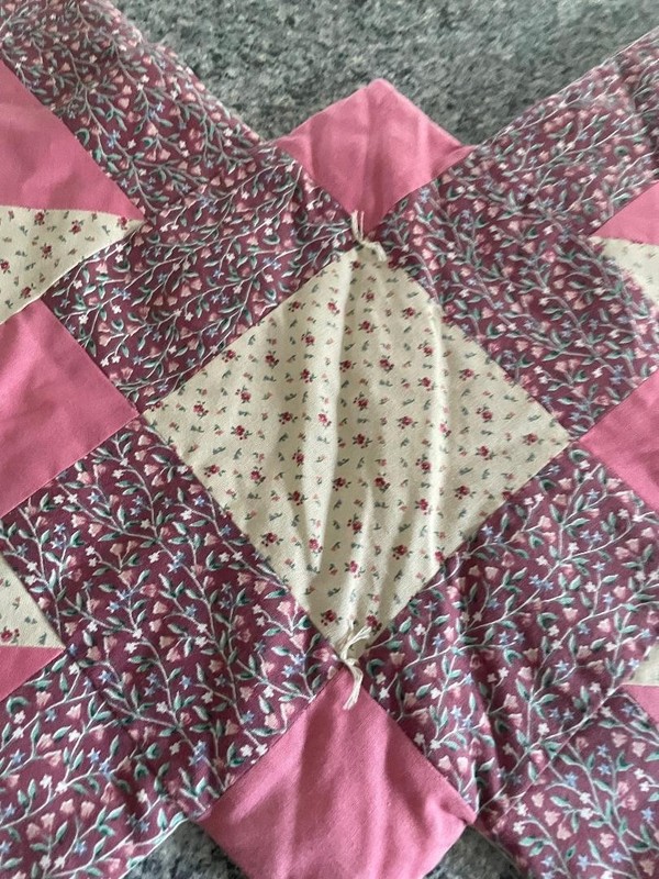 VTG Handmade Patchwork Quilted Table Runner 38"x18"~Hand Tied~Pink/Beige/Green gallery